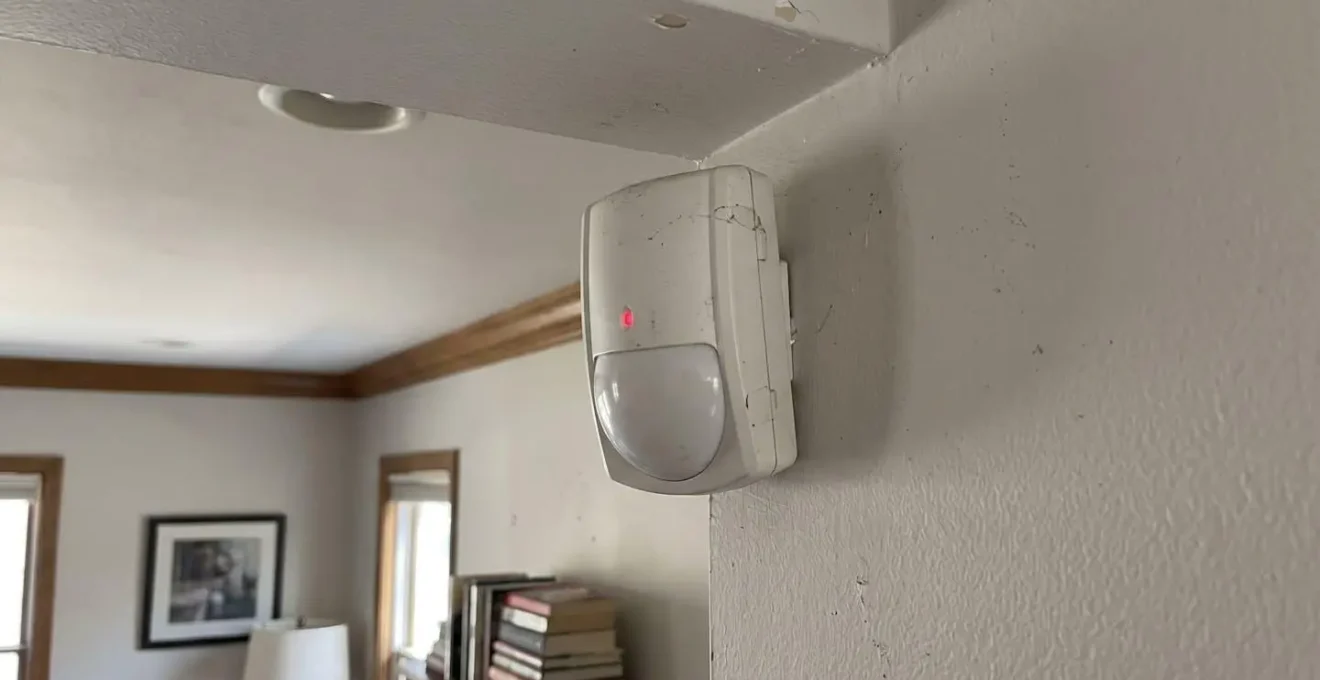 Détecteur de mouvement infrarouge blanc installé dans l'angle supérieur d'une pièce résidentielle avec voyant LED discret