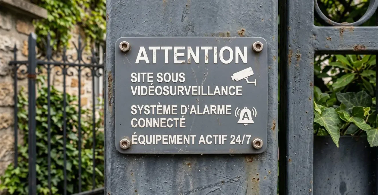 Plaque de signalisation de télésurveillance fixée sur un portail résidentiel métallique gris anthracite