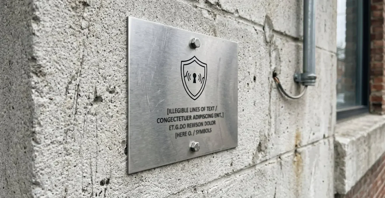 Plaque de signalisation de télésurveillance fixée sur un portail résidentiel métallique gris anthracite