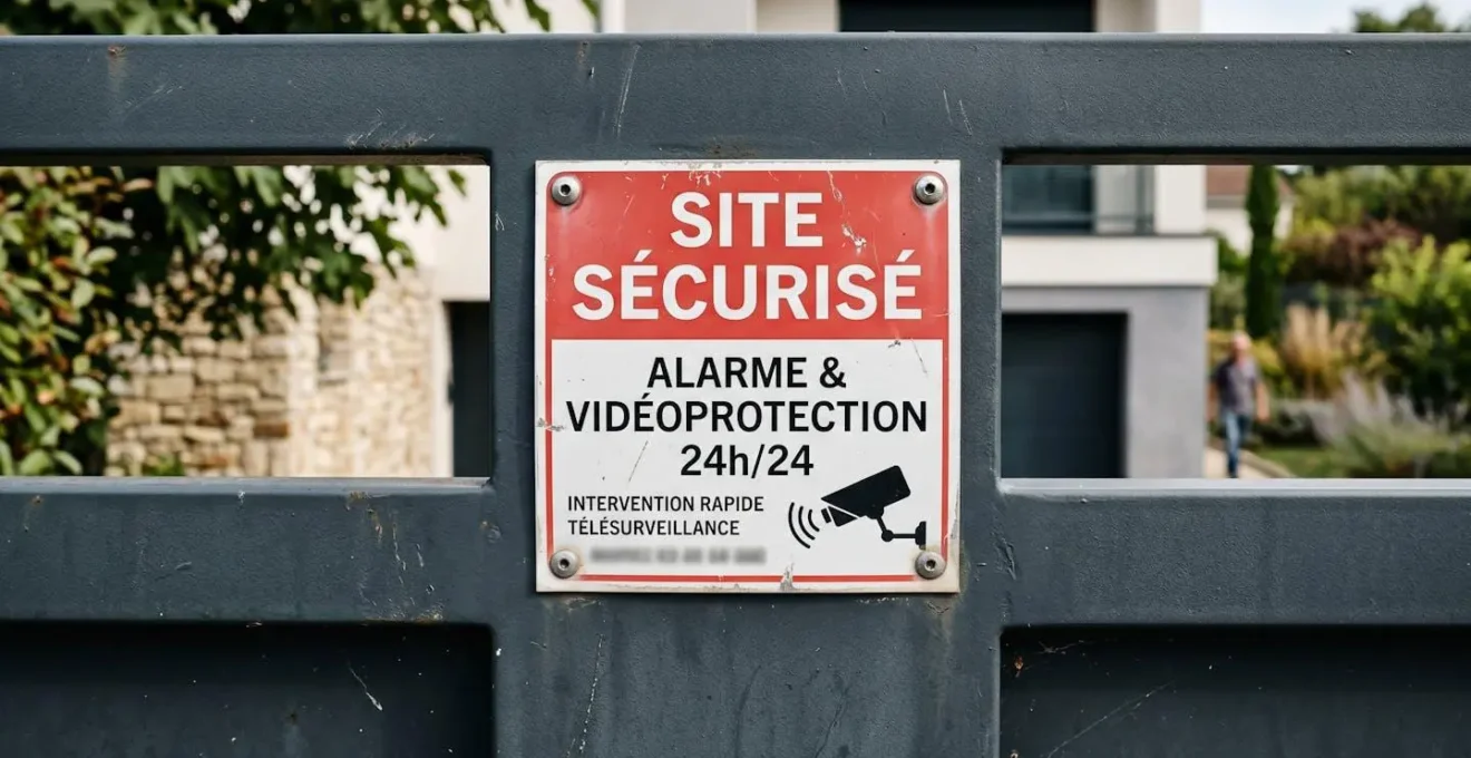 Plaque de signalisation de télésurveillance fixée sur un portail résidentiel métallique gris anthracite