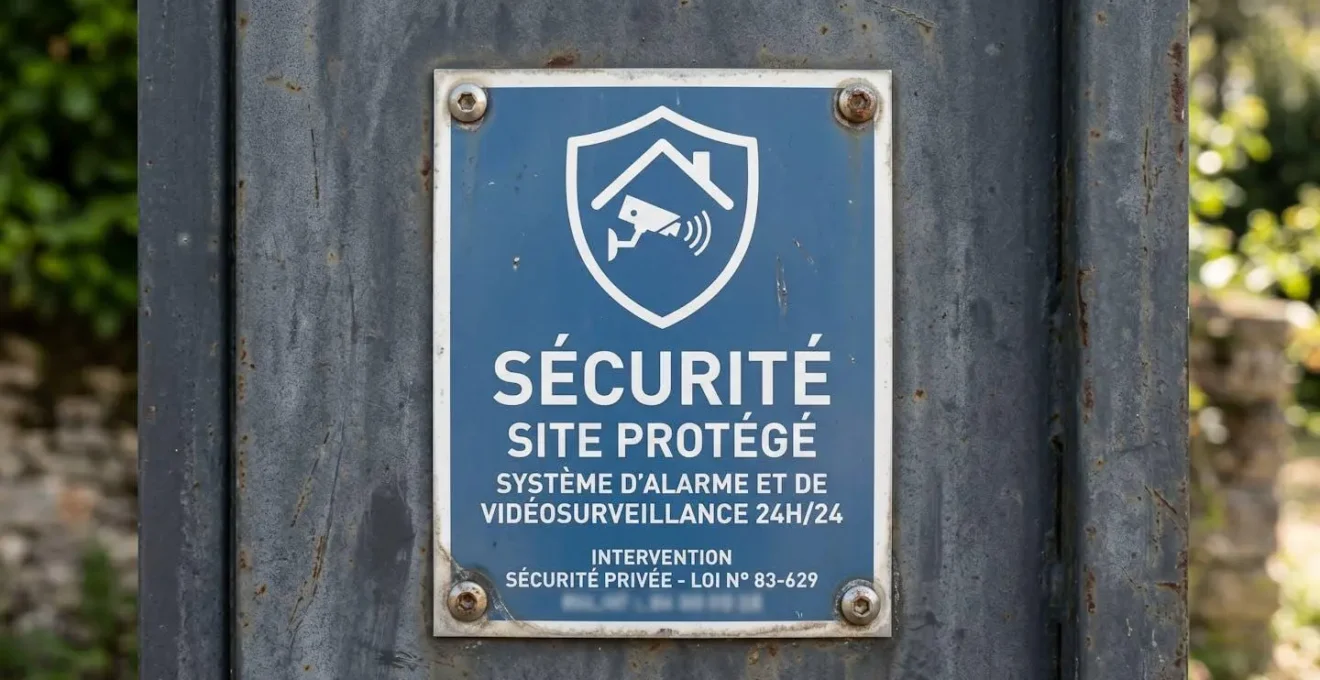 Plaque de signalisation de télésurveillance fixée sur un portail résidentiel métallique gris anthracite