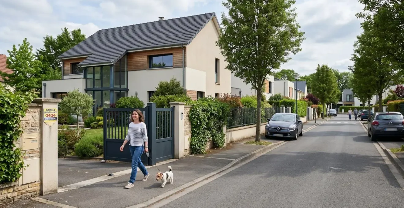 Rue résidentielle française contemporaine avec maison mitoyenne et portail équipé d'une plaque de télésurveillance visible depuis le trottoir