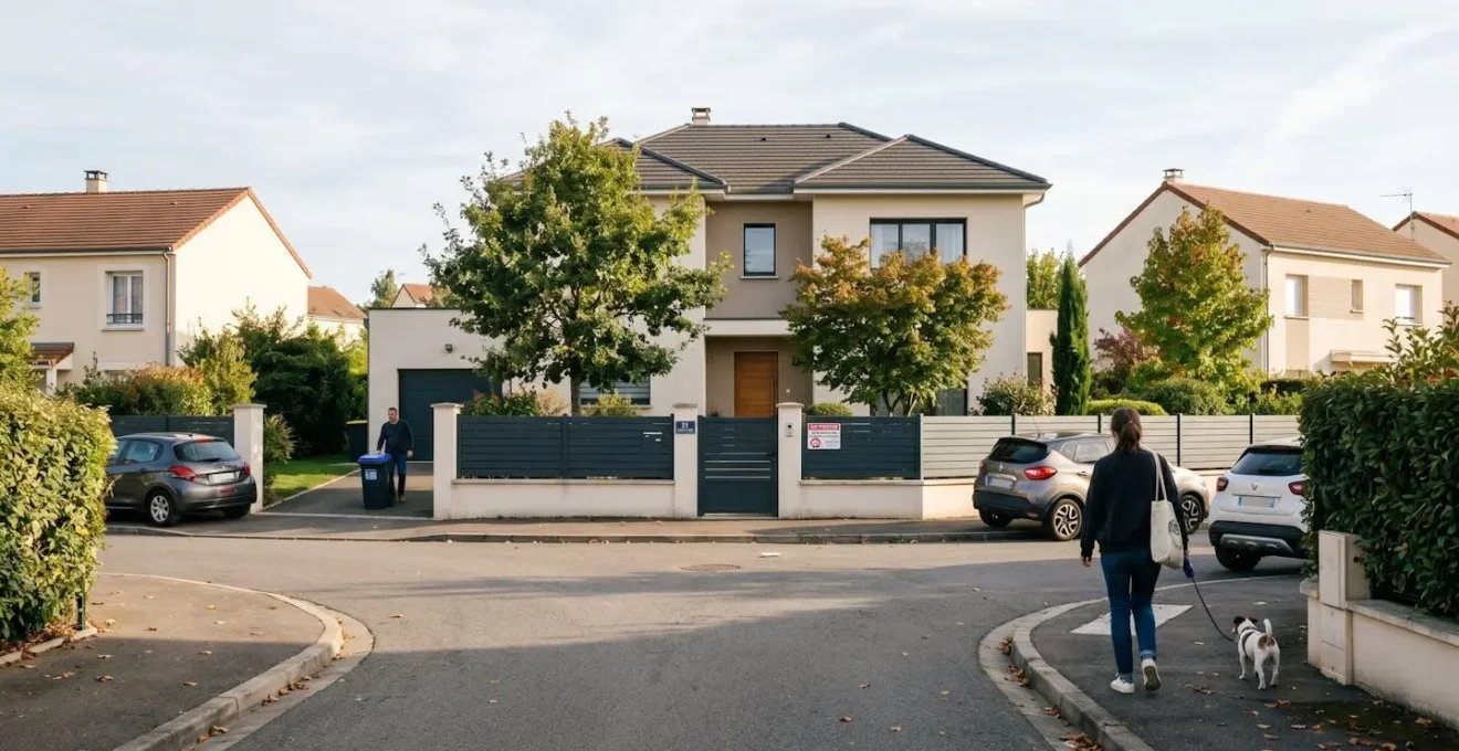 Rue résidentielle française contemporaine avec maison mitoyenne et portail équipé d'une plaque de télésurveillance visible depuis le trottoir