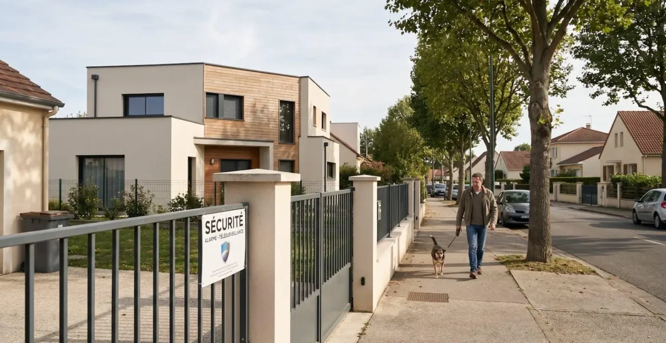 Rue résidentielle française contemporaine avec maison mitoyenne et portail équipé d'une plaque de télésurveillance visible depuis le trottoir