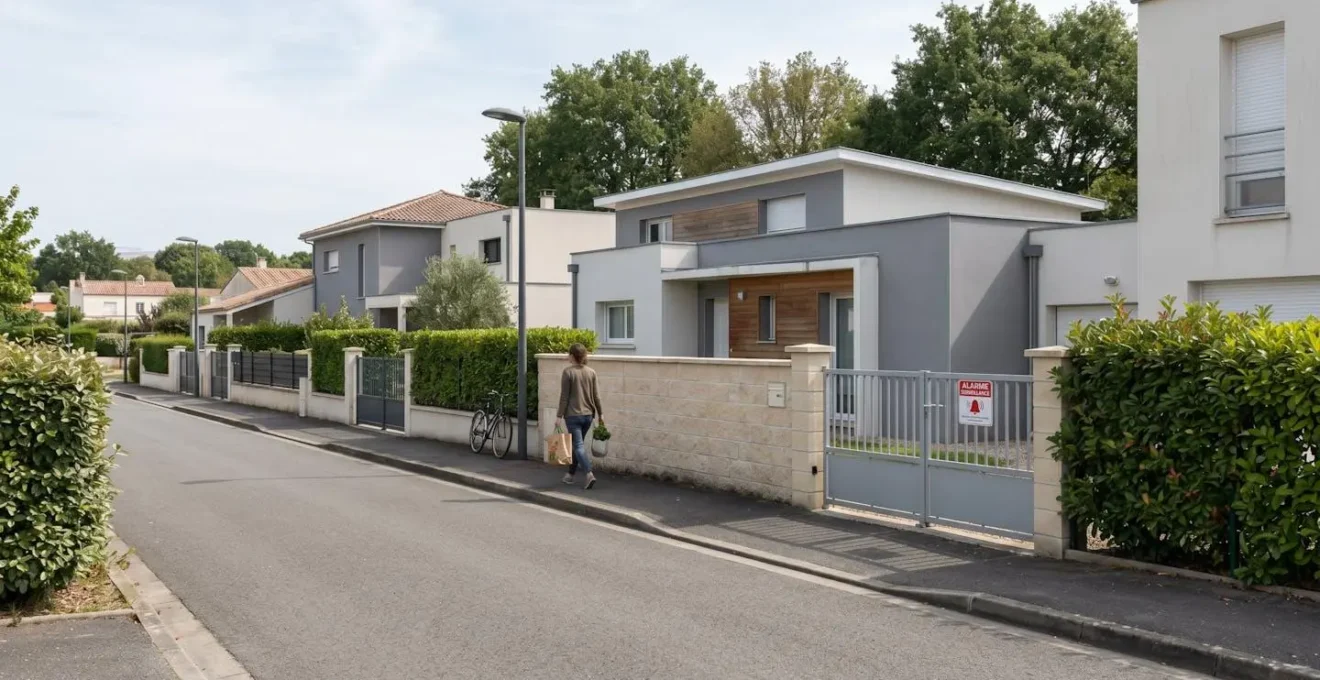 Rue résidentielle française contemporaine avec maison mitoyenne et portail équipé d'une plaque de télésurveillance visible depuis le trottoir