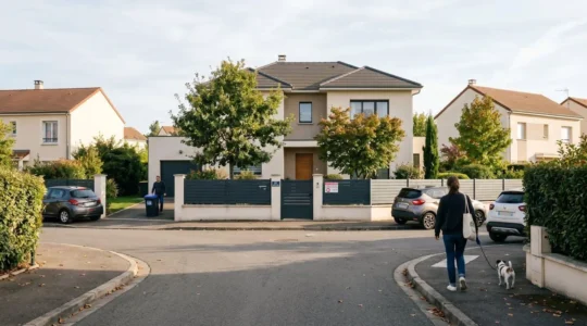 Rue résidentielle française contemporaine avec maison mitoyenne et portail équipé d'une plaque de télésurveillance visible depuis le trottoir